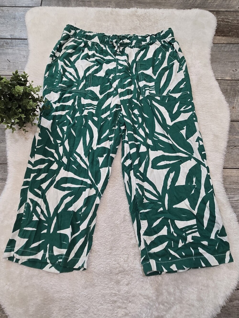 Sonoma Green Tropical Palm Leaf Wide Leg Linen-Blend Resortwear Cropped Pants 1X